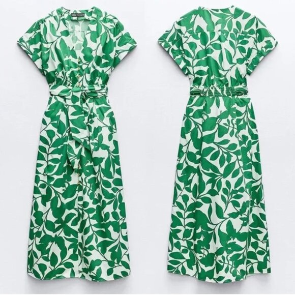 NWT ZARA Women's Belted Green & White Leaves Printed Long Midi Dress, Medium - Picture 3 of 13